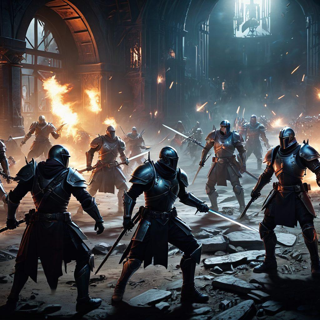 A dynamic battlefield scene showcasing diverse tactical units engaging in strategic maneuvers, illuminated by dramatic lighting. Various interactive game elements like health bars and mini-maps are overlayed, enhancing the competitive atmosphere. Include a blend of futuristic and medieval aesthetics, emphasizing the fusion of strategy and action. super-realistic. vibrant colors. high contrast.