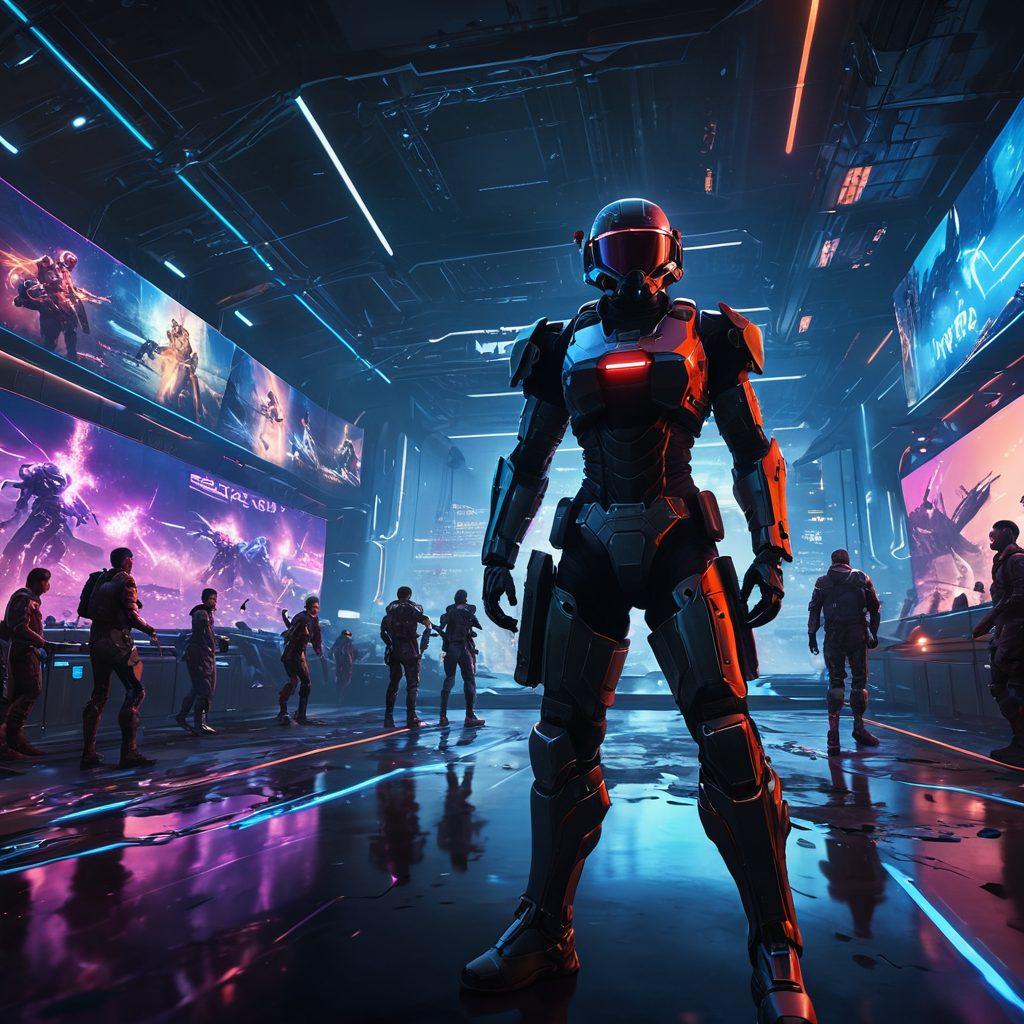 A dynamic scene of intense multiplayer gaming, showcasing diverse players immersed in combat, with vibrant energy bursts and digital graphics. Battle-hardened characters with unique abilities face off on a visually stunning battlefield filled with futuristic elements and iconic weapons. A glowing leaderboard in the background highlights the competitive spirit. Neon colors and explosive effects create an immersive atmosphere. cyberpunk. super-realistic.