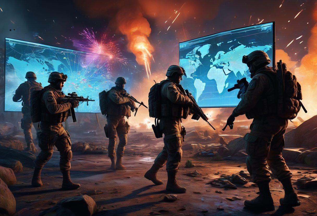 A highly detailed battlefield scene showcasing diverse soldiers in tactical gear strategizing over a digital map, with holographic screens displaying various game stats and maps around them. The background features exploding grenades and distant gunfire, emphasizing the intensity of multiplayer warfare. Bright, vivid colors reflect the excitement and adrenaline of tactical gameplay. super-realistic. vibrant colors. dynamic perspective.